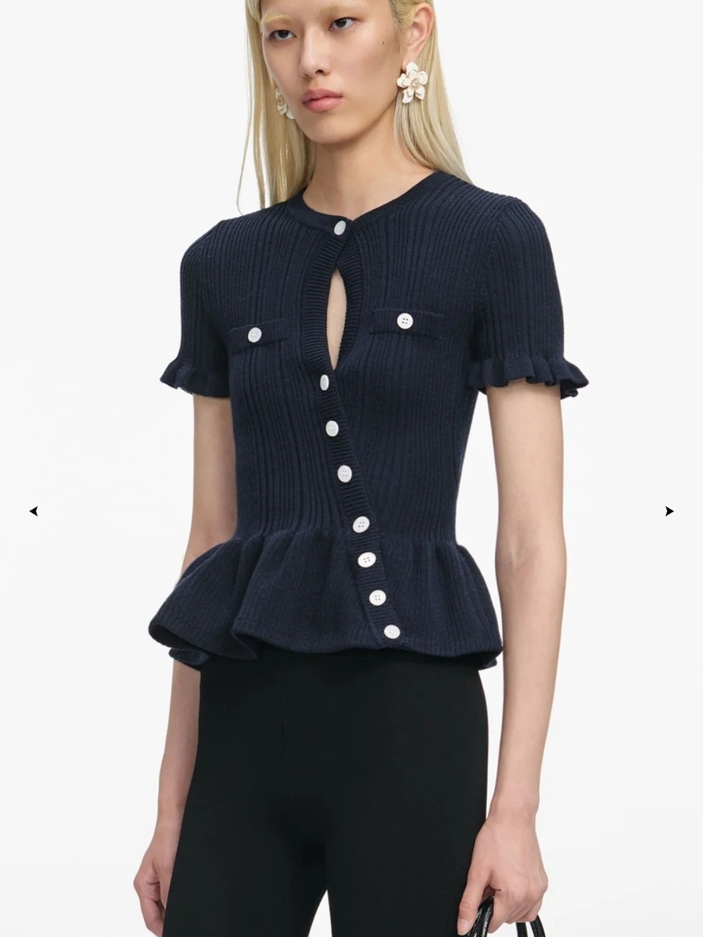 Self-Portrait Navy Ribbed Peplum Top with White Buttons - Picture 2 of 7